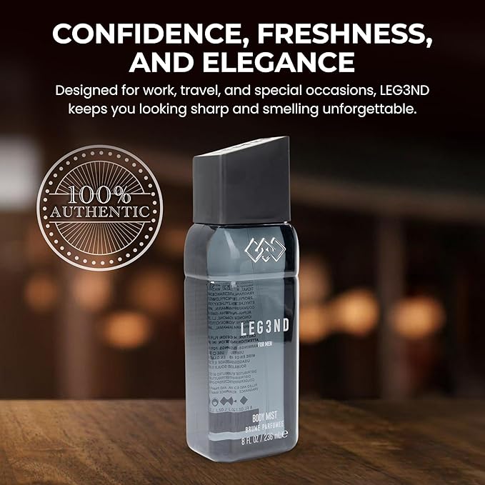 LEG3ND Body Spray for Men - Refreshing & Long-Lasting Fragrance with Natural Essential Oils - Hydrating Body Spray with Mandarin, Vanilla & Cedarwood Notes, 236ml (Black)