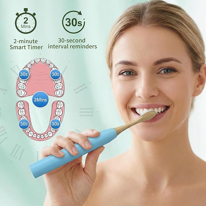 Bamboo Electric Toothbrush丨Rechargeable Electric Toothbrush with 4 Bamboo Heads, Soft Castor Oil Bristles,5 Moedes&3 Intensities, 45 Days Battery Life, IPX7 Waterproof-Light Blue