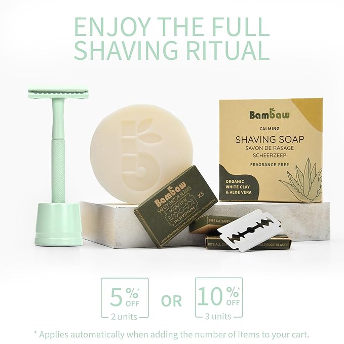 Bambaw Single Blade Razors for Women and Men with 5 Double Edge Safety Razor Blades, Stainless Double Edge Razor, Eco Friendly Razor, Reusable & Plastic Free - Mint Green