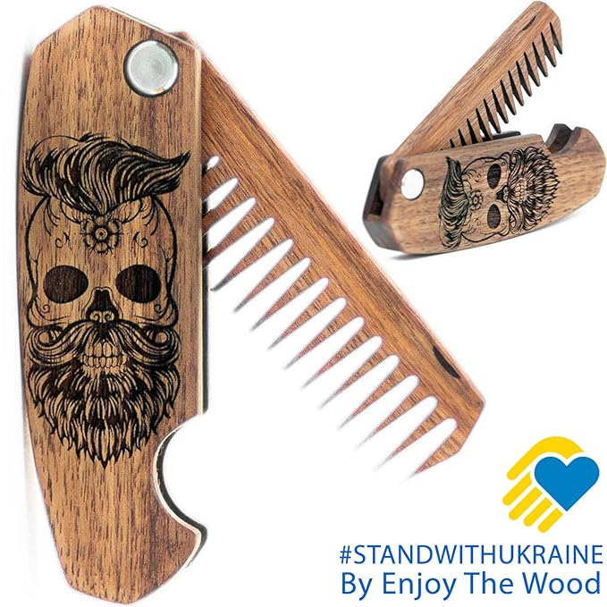 Beard Comb Gifts for Him Wooden Comb for Men Folding Pocket for Moustache Hair Walnut Combs Husband with the Engraving (Skull)