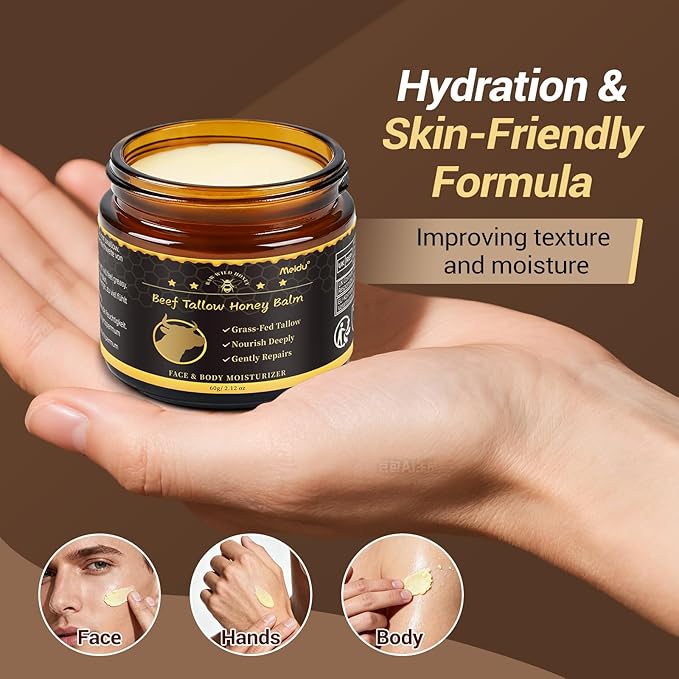 IIIMEIDU Tallow and Honey Balm, Beef Tallow for Skin, Tallow Face Moisturizer with 100% Organic Grass-Fed Beef Tallow & Raw Wild Honey, Natural Formula for Face & Body for Men Women