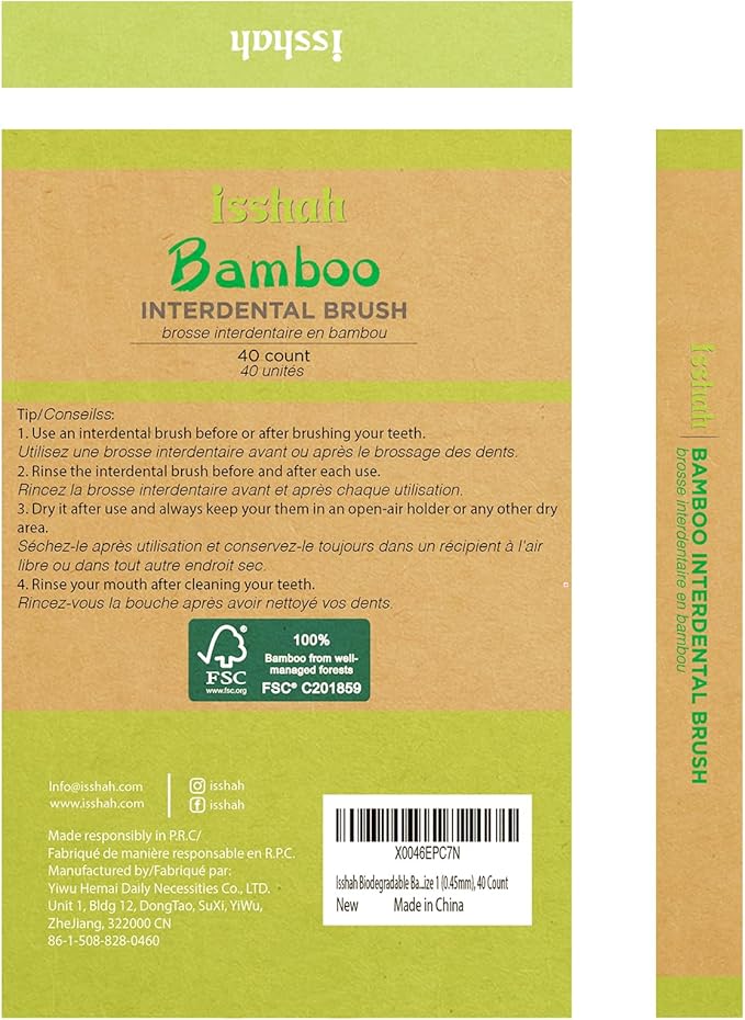 Biodegradable Bamboo Handle Interdental Brushes Between Teeth Cleaner Deep Clean Toothpick, FSC Certified and PETA Approved, Size 1 (0.45mm), 40 Count