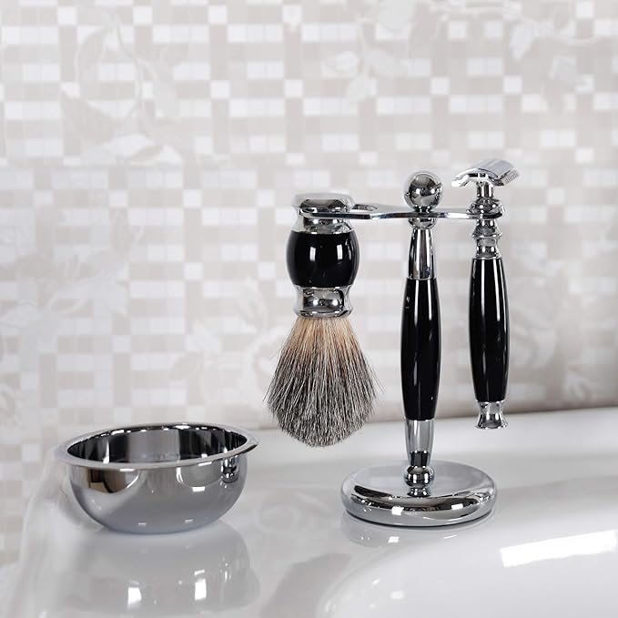 SANWA Deluxe Stainless Steel Shaving Brush Stand Holder for Razor & Brush Weighted Base Black Handle