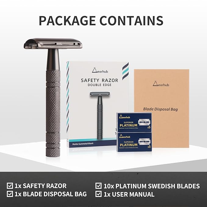Gearhub Double Edge Safety Razor Reusable Stainless Metal Wet Shaving Razor with 10 Swedish Platinum Blades for Men Women Barber Bikini Armpit Hair, Matte Black GRB2D