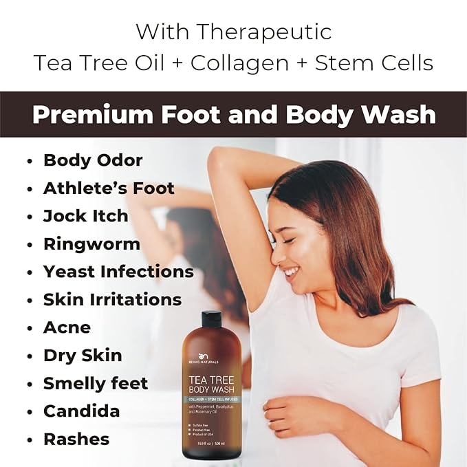 Body Wash with Tea Tree & Organic Tea Tree Oil - Fights Odor, Acne & Skin Issues, 16.9 oz by BeingNaturals