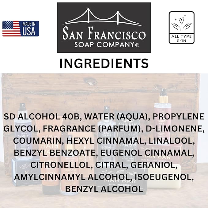 San Francisco Soap Company MAN BAR Cologne Mist Silver Sage and Bergamot - Long Lasting - Created with the Man in Mind - 6 fl oz
