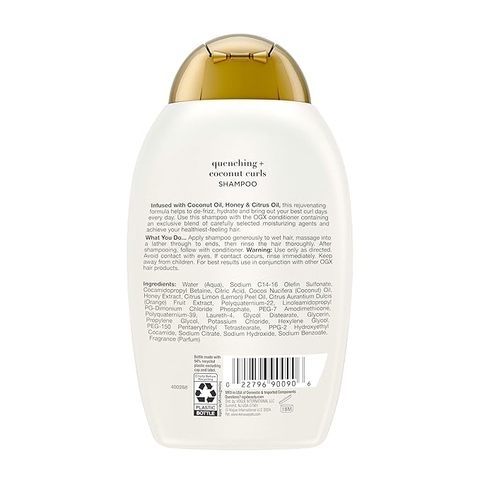OGX Quenching + Coconut, Curl-Defining Shampoo, Hydrating & Nourishing Curly Hair Shampoo with Coconut Oil, Citrus Oil & Honey, Paraben, Sulfate-Free Surfactants, 13 floz