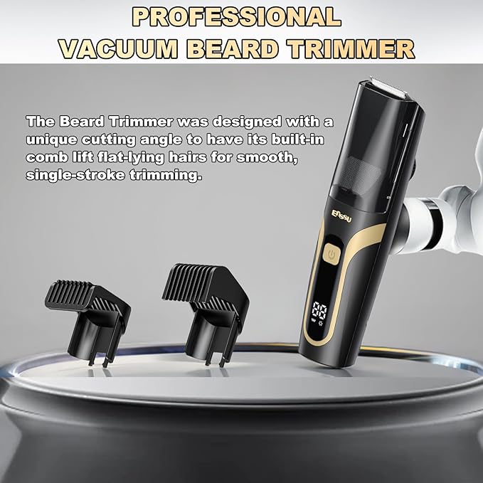 Beard Trimmer for men, Vacuum Mustache Trimmer with Type-C Charging, IPX7 Waterproof Electric Shaver Body Hair Trimmer for Men with LCD Display, Length Adjustable Blade Wheel (1/25"-4/5") (Black)