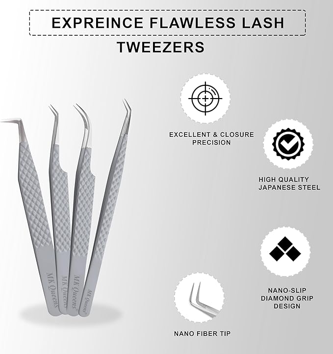 Lash Tweezers - Stainless Steel Fiber Tip Eyelash Tweezers (Set of 4) - Diamond Grip Professional Lash Tweezers for Eyelash Extensions (Grey)