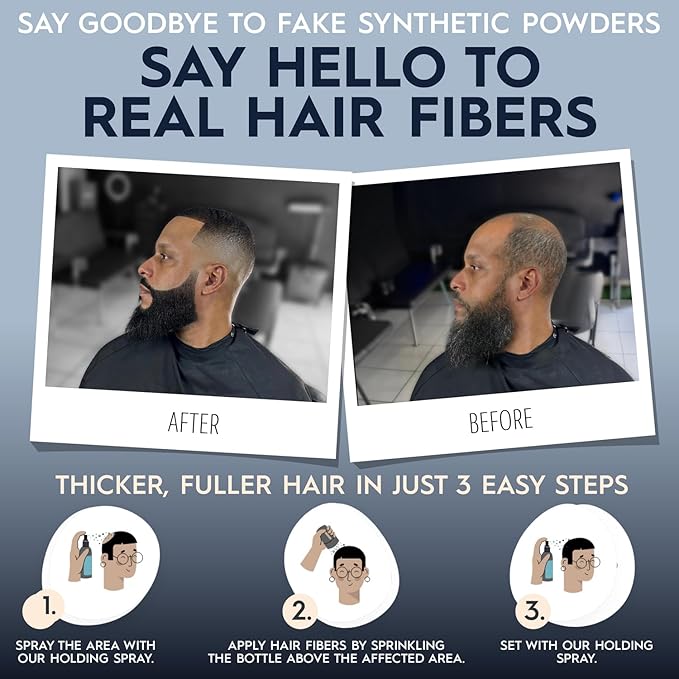 Hair Illusion Black Real Fibers and Holding Spray for Women & Men - Natural Texture, Non-Synthetic Cover Up for Thinning Hair and Bald Spots - 18 Gram