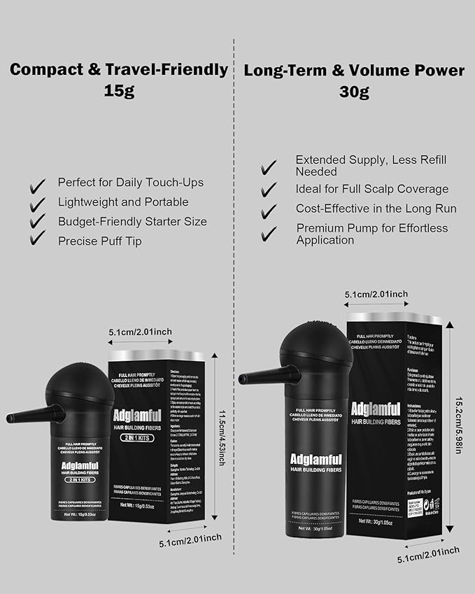 Hair Fibers for Thinning Hair, Volumizing Hair Building Fibers Powder for Men & Women with Spray Applicator, Instantly Conceal Balding, Matte Finish, Root Touch-Up, Sweatproof– 15g Black, No Residue