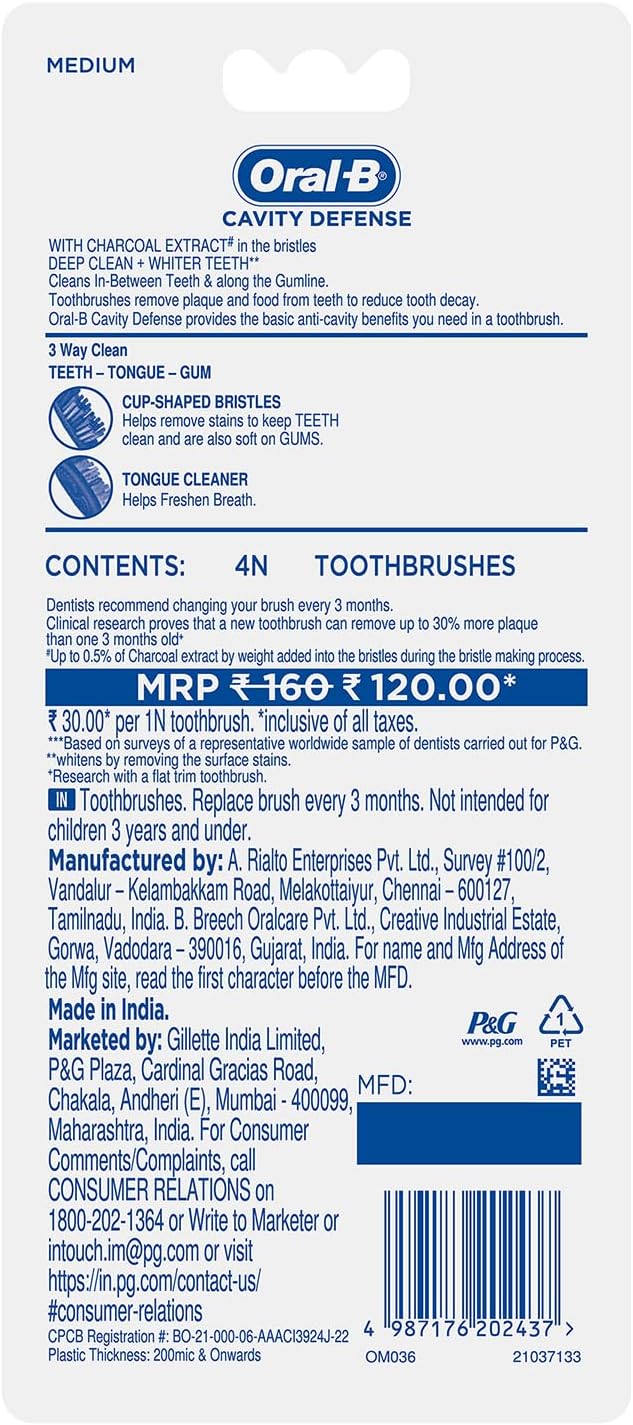 Oral B Cavity Defense 123 Black Toothbrush � Medium (Pack of 4)