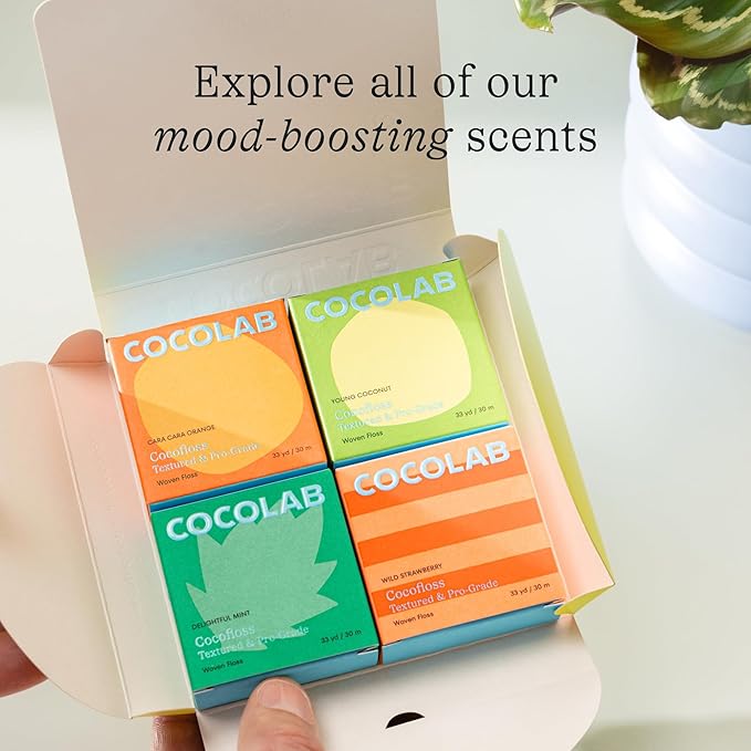 Cocofloss Woven Dental Floss, Dentist-Designed Oral Care, Strawberry Scent, Waxed, Expanding, Kid-Friendly String Floss with Coconut Oil, 4 Spools (33 yd Each)