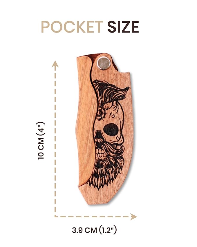 Beard Comb for Men Pocket Folding Combs for Mustache & Hair Travel Natural Wooden Comb with Real Man Engraving - Perfect for Use w/Beard Balm Oil (Wavy Half Skull) (Model RM)