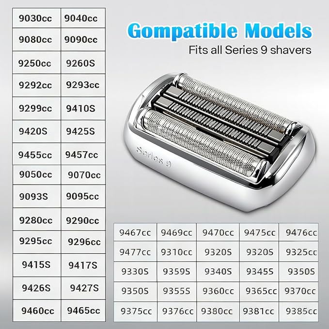 92S Series 9 Replacement Head, Compatible with All Braun Series 9 Electric Shavers, Fits 9477cc 9330s 9465cc 9460cc 9419s 9390cc 9385cc (Silver) (92S)