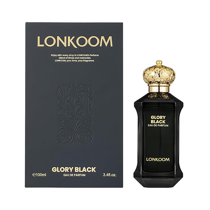 Lonkoom Glory Black Perfume for Men, 3.4 Fl Oz/100ml Eau De Parfum Spray Long-Lasting Fragrance, Woody Spicy Notes of Saffron, Raspberry, Rose, Patchouli, Geranium, Oud, Leather, Cedar, Amber