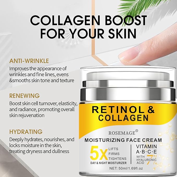 Retinol Cream for Face with Collagen and Hyaluronic Acid - Anti Aging Wrinkle Cream for Women and Men - Day and Night Facial Moisturizer for Tightening and Skin Firming - Crema Hidratante Para la Cara