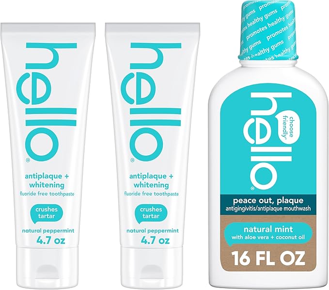 hello Antiplaque Fluoride Free Whitening Toothpaste and Peace Out Plaque Alcohol Free Mouthwash Pack, Includes Two 4.7 Oz Whitening Toothpastes and One 16 Fl Oz Fluoride Free Mouthwash