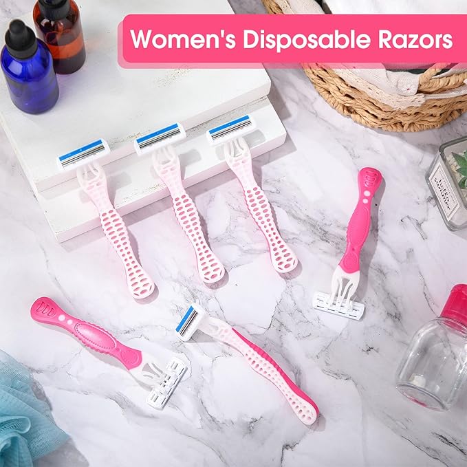 24 Pcs Sensitive Women's Disposable Razors Bulk 3 Blade Sensitive Skin Disposable Razors for Women Individually Packaged Travel Size Toiletries Ideal for Hotel Travel Donate Daily Use