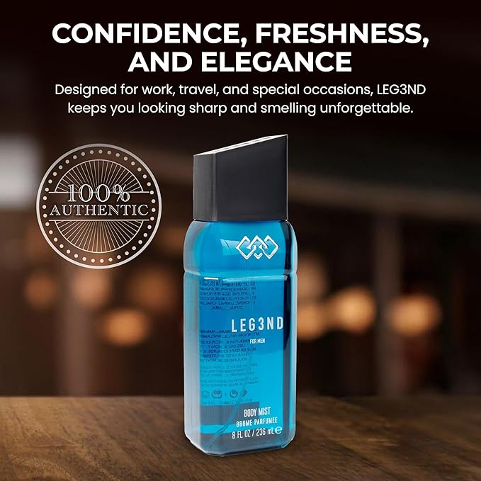 LEG3ND Body Spray for Men - Refreshing & Long-Lasting Fragrance with Natural Essential Oils - Hydrating Body Spray with Green Apple & Ambergris Notes, 236ml (Blue)