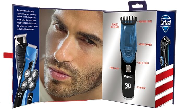 Barbasol Vacuum Beard Trimmer for Men, Self-Vacuuming Hair, Beard, Sideburns & Mustache Trimmer with 20 Length Settings, Rechargeable, LED Screen, 90 Minute Run Time