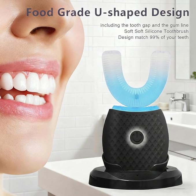 U-Shaped Toothbrush for Adults, All-in-One Foam Mousse & Ultrasonic Clean, Hands-Free with 4 Brush Heads, Blue LED Light, Advanced Charging Base (Black)
