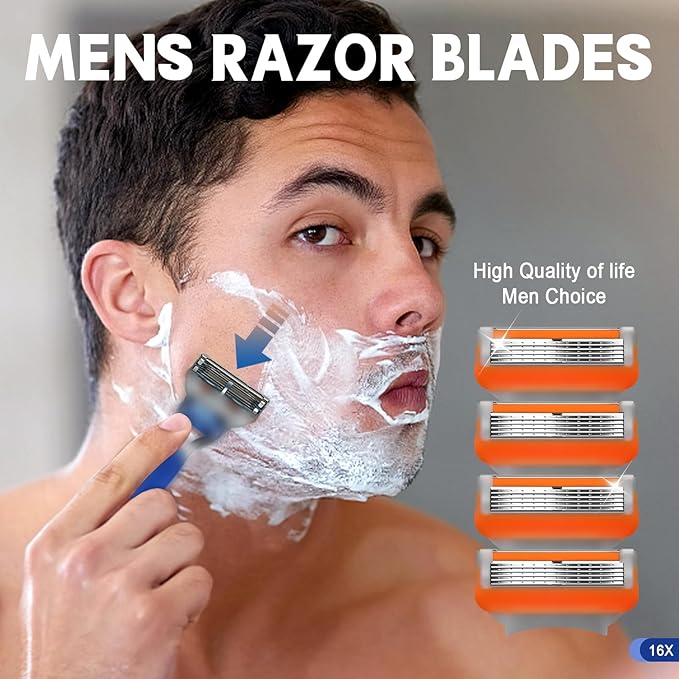 16 PCS Razor Blade Shaving Razor Blade Refills for Fusion 5, Mens Shaving Blades Refills-Orange New Version