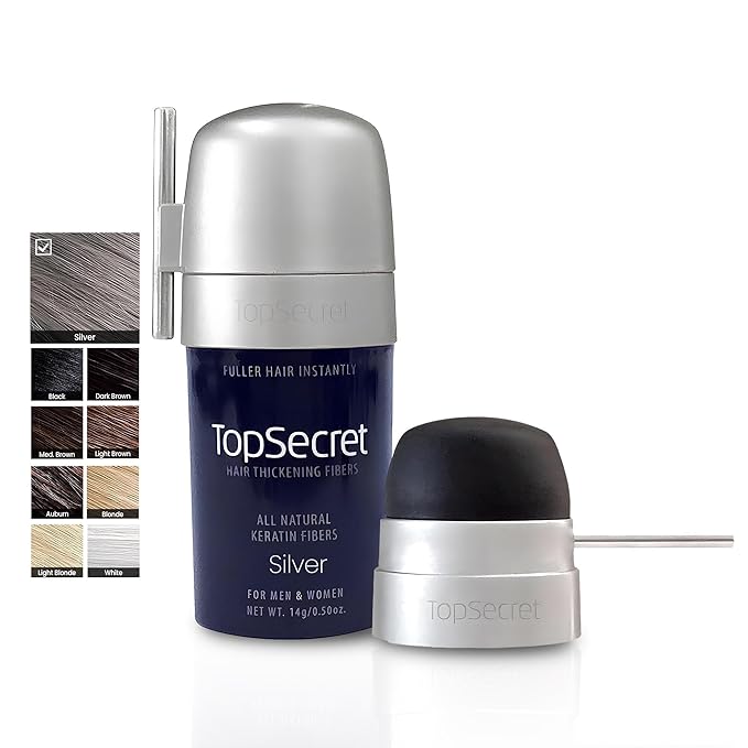 Top Secret Hair Thickening Building Fibers Applicator Included - Undetectable & Natural Hair Filler for Men & Women - Instantly Fill In Fine Thinning Hair - Weather & Sweat Resistant (Silver, Medium)