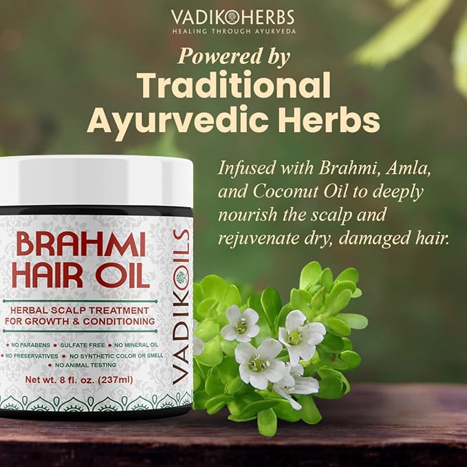 Vadik Herbs Brahmi Hair Oil (8 oz) All natural herbal hair oil for hair growth, hair conditioning, dandruff and dry scalp with Rosemary Oil | Herbal scalp treatment