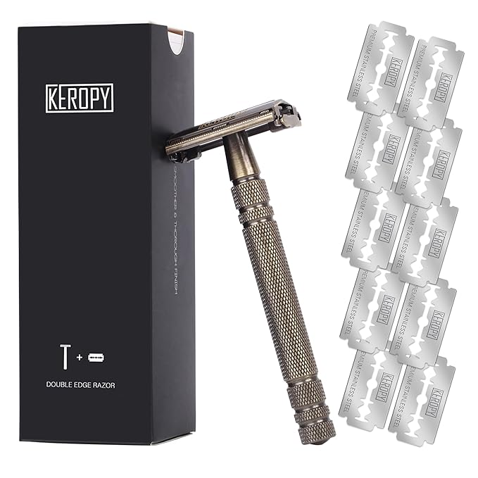 Premium Brass Double Edge Safety Razor Kit, Heavy Duty Anti-Rust Shaver for Classic Wet Shave - Luxury Shaving Gift for Him, Dad - High-End Reusable Razor Set - Bronze