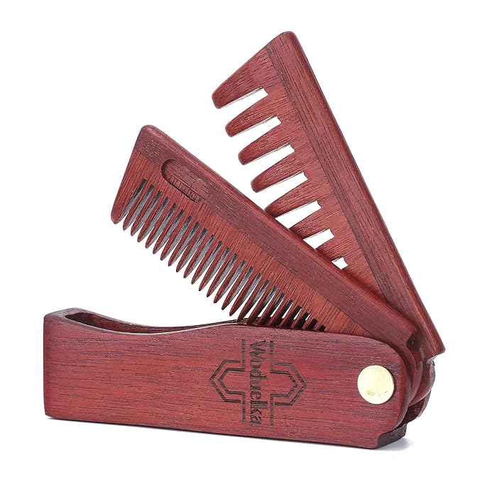 2 In 1 Folding Pocket Comb - Wooden Beard & Hair Styling Tool for Men, Fine Tooth & Wide Tooth Small Comb for Grooming Hair, Beards and Mustache, 180° Rotatable for Outdoor Travel & Home Use