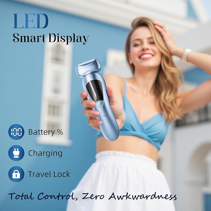 Cordless Electric Razors for Women: Rechargeable Painless Bikini Trimmer for Body Hair - IPX7 Waterproof Shaver with LED Display for Face/Underarm/Leg Deep Blue
