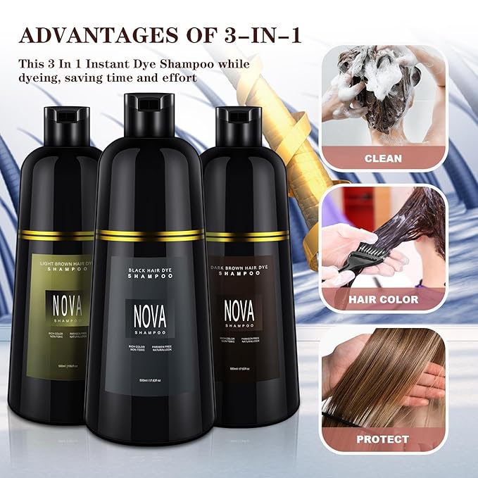 Hair Dye Shampoo & Champu Para Canas - Natural 3-in-1 Instant Gray Coverage for Men & Women (Dark brown-500ml)