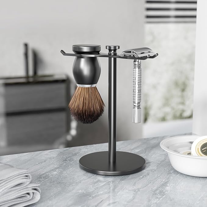 pickpiff Safety Razor Stand With Brush Holder, Black Heavy Duty Metal Shaving Holder for Men, Extra Wide Openings, Fits Most Brushes and All Kinds Of Razors