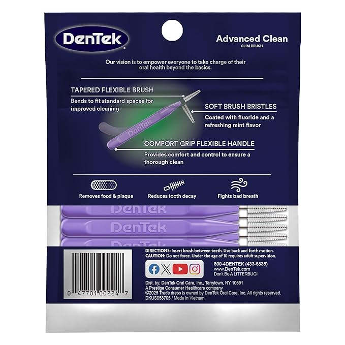 DenTek Slim Brush Advanced Clean, Interdental Brushes for Cleaning Between Tight Teeth, Safe for Braces & Dental Work, 32 Count