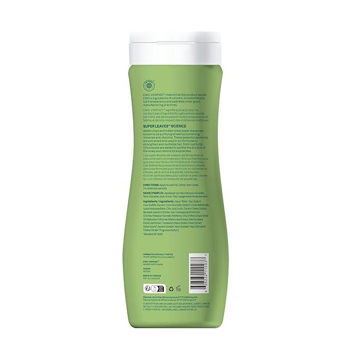 ATTITUDE Nourishing Hair Shampoo, EWG Verified, For Dry and Damaged Hair, Naturally Derived Ingredients, Vegan and Plant Based, Grapeseed Oil and Olive Leaves, 16 Fl Oz