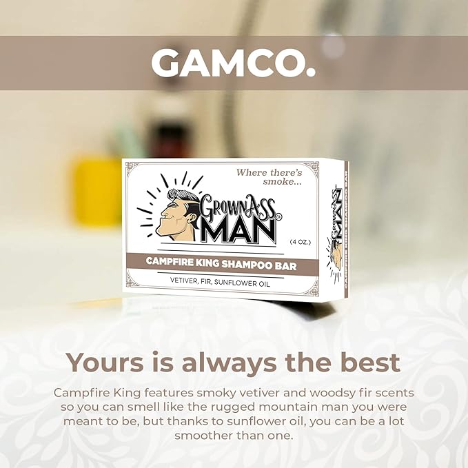 Grown Ass Man Co. - Solid Shampoo Bar Rich Lather 3 in 1: Hair, Beard & Body Wash - Plastic Free & Eco-Friendly, Natural & Organic Clean for All Hair Types, 4oz Bar (Campfire King, 6-Pack)