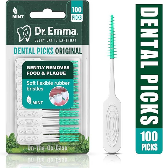 Dr. Emma Original Dental Picks Mint Soft Rubberized Tooth Picks Easy to Use Brush Picks 100Ct/Pack, 1 Pack(100Ct)