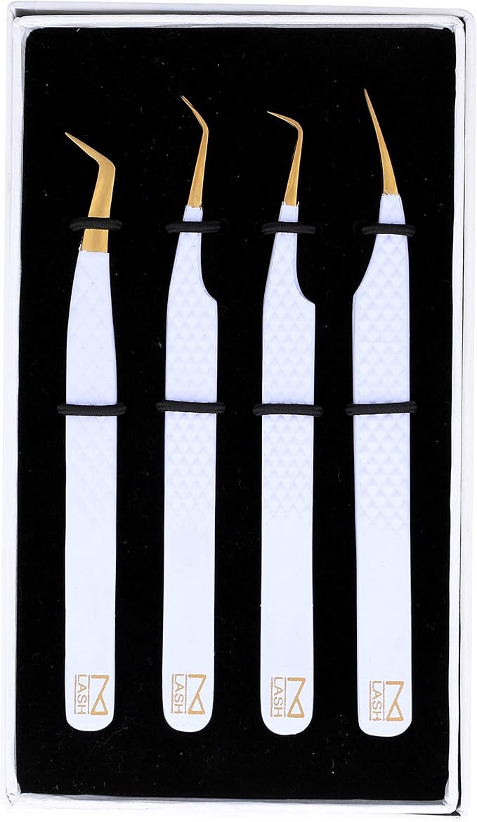 M LASH Eyelash Extension Tweezers (Set of 4) - Professional & Precision Lash Tweezers for Eyelash Extensions - Japanese Steel, Diamond Grip, Fiber Tip V3 (White)