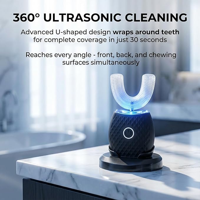 U-Shaped Electric Toothbrush for Adults, Hands-Free Auto Teeth Cleaner with 360° Ultrasonic & Foam Mousse, 4 Brush Heads, LED Light & Charging Base Kit (Black)