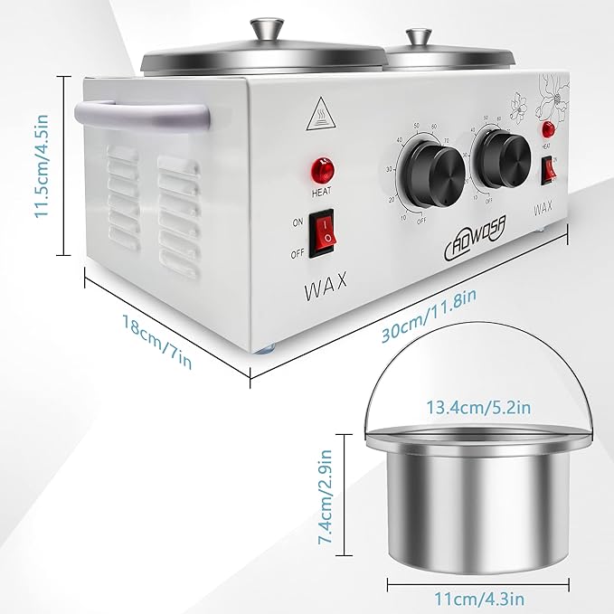 Professional Waxing Kit Wax Warmer Double Pot Wax Heater Machine for Hair Removal, Large Waxing Pot for Spa Salon Beauty Esthetician Home, with Adjustable Temperature Set, 50 Stick & 20 Collar(White)