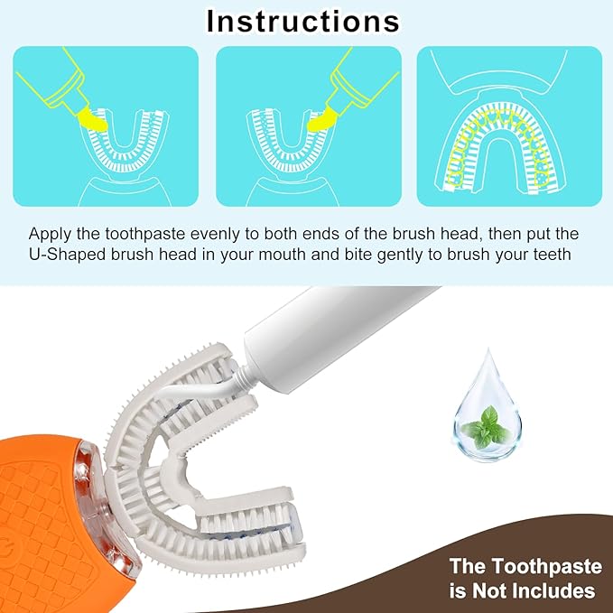Electric U Shaped Toothbrush for Adult,360 Degree Automatic Cleaning, Ultrasonic Tooth Brush has 23760 Nylon Bristles and 3 Modes Standard, Fast, Ultra Fast(Orange)