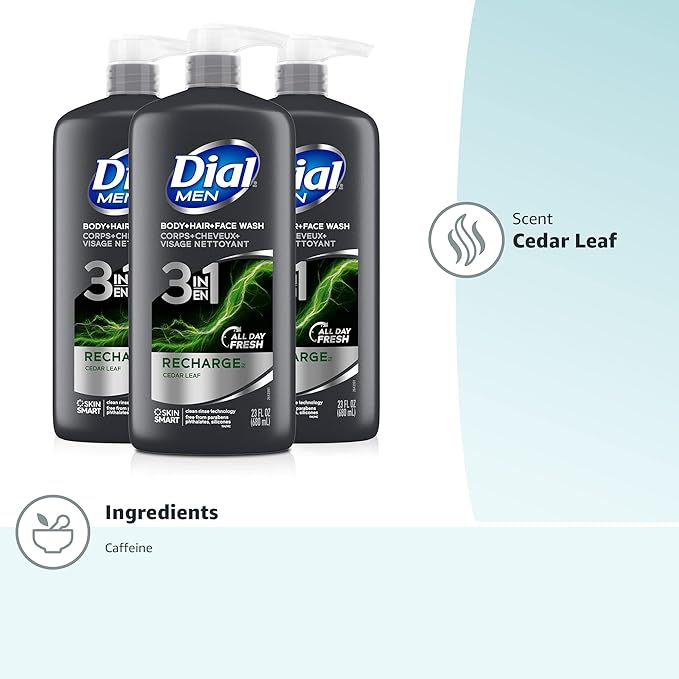 Dial Men 3in1 Body,Hair and Face Wash,Recharge, (23 fl oz Bottles),(Pack of 6)