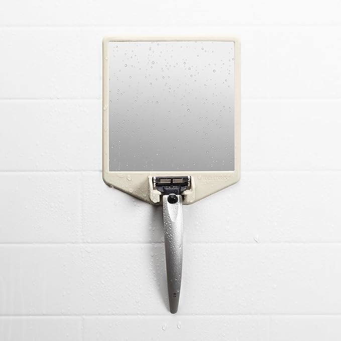 TOOLETRIES The Joseph Shower Mirror for Shaving - Silicone Razor Holder for Shower, Stlyish Bathroom Shower Accessory - Features Silicone-Grip, Removable & Reusable - Sand