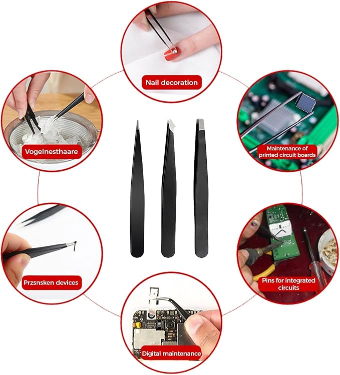 Eyebrow Tweezer Set 3-Piece for Women & Men - Professional Set with Case - Precision Tweezers Kit for Facial Hair, Splinter and Ingrown Hair Removal