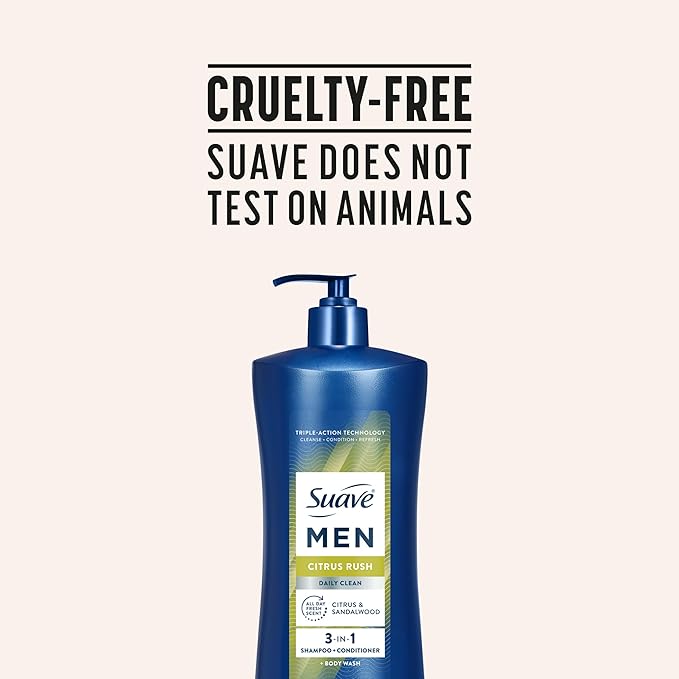 Suave Men Citrus Rush Daily Clean 3 in 1 Shampoo, Conditioner & Body Wash with Glycerin & Keratin Hydrates & Smooths Hair, Citrus Scent, 4 Count, 28 FL OZ Pump