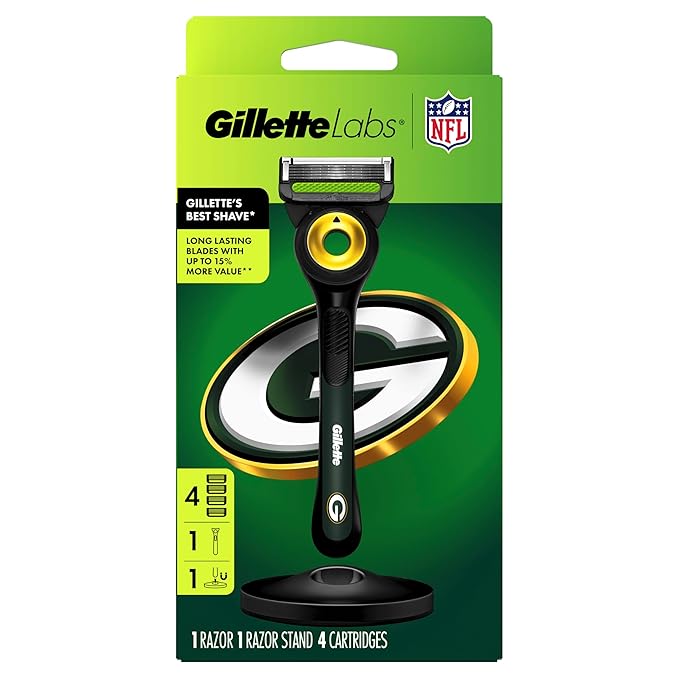 Gillette Labs Special NFL Packers Edition Shaving Razor for Men - 1 Handle, 4 Razor Blade Refills & Magnetic Stand, Holiday Gifts for Men, GilletteLabs with Exfoliating Bar