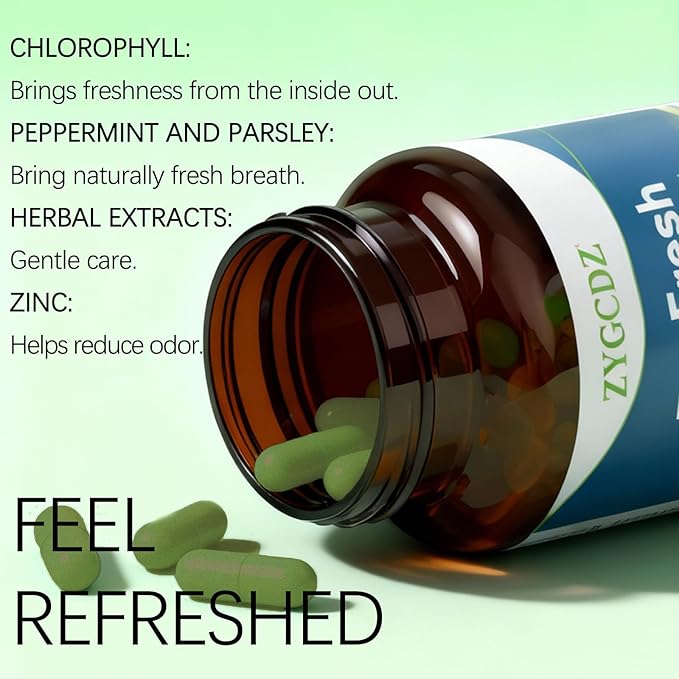 7-in-1 Bad Breath Capsules with Chlorophyllin & Probiotics, Mint Extract for Long Lasting Breath Freshness, Oral Care Supplement for Digestive Support, 14-Day Solution (01)