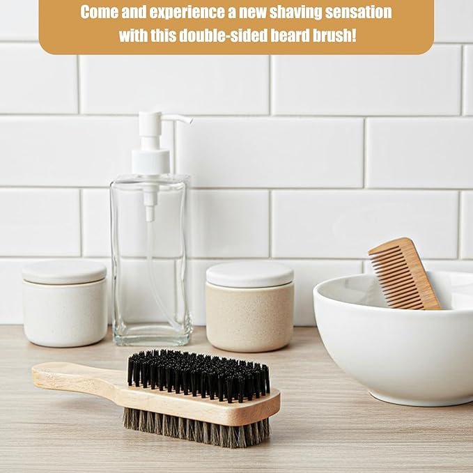 Double Sided Beard Brush, Imitation Bristle with Rubber Wood Handle for Men, Mustache Brushes, Shaving Brush Facial Hair Brushes Beard Grooming Tool for Grooming Slick Back Hair