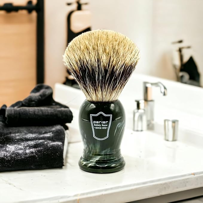 Parker - The King - Oversized 3 Band Pure Badger Bristle Shaving Brush - Long Loft – Brush Stand Included - Generates a Giant and Luxurious Lather
